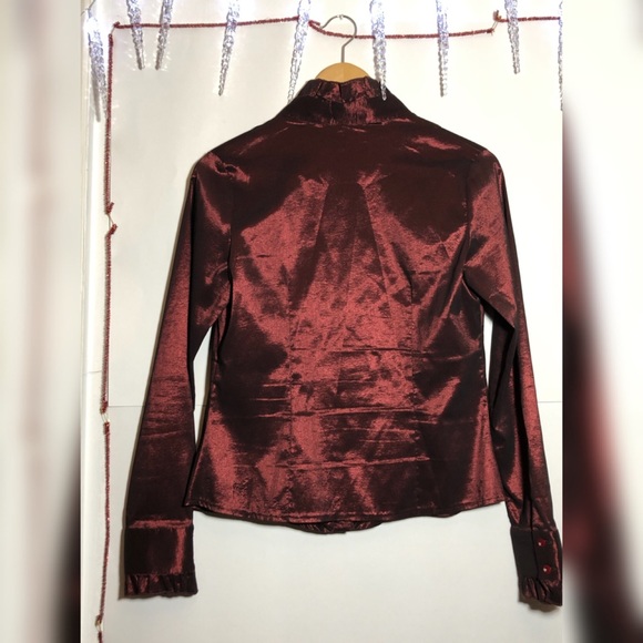 ✨CLARET RED LONG SLEEVES BLING WOMEN SHIRT - Picture 2 of 6